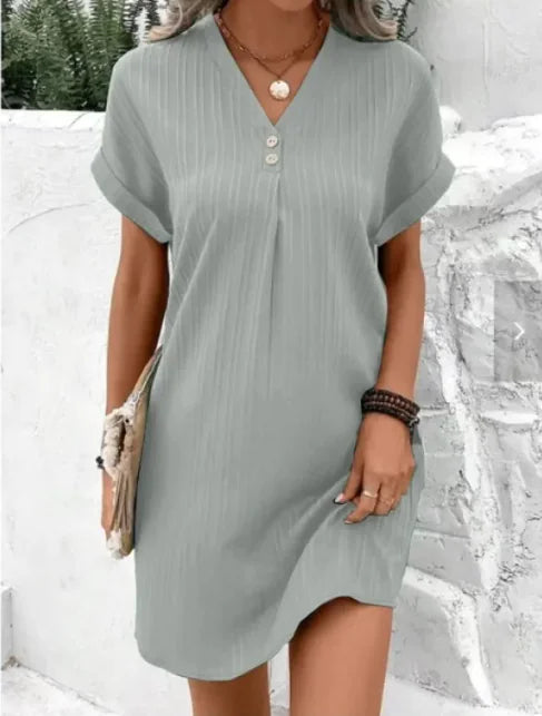 V-Neck Short-Sleeved Button Dress