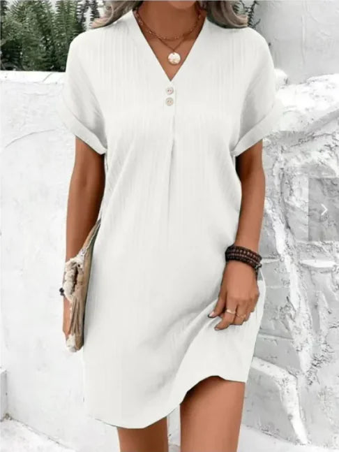 V-Neck Short-Sleeved Button Dress
