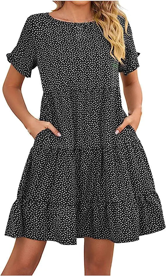 Casual Printed Round Neck Pleated Dress