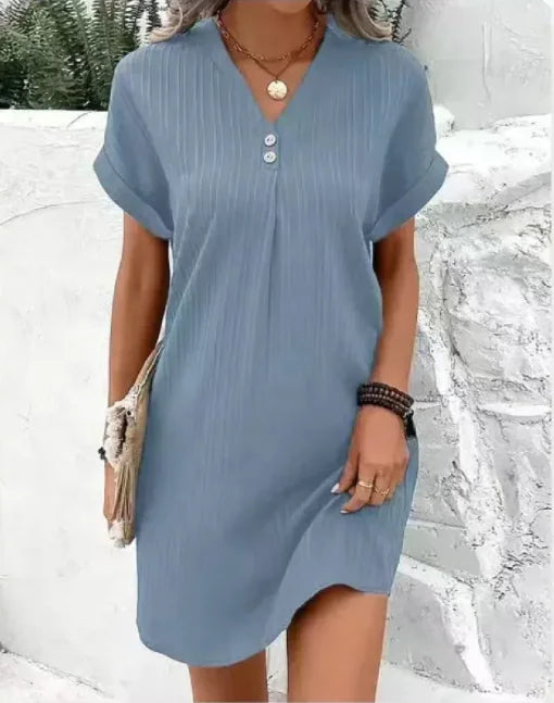 V-Neck Short-Sleeved Button Dress