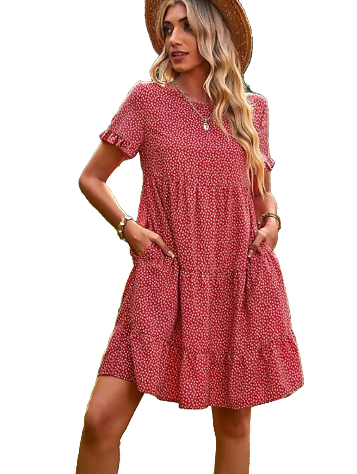 Casual Printed Round Neck Pleated Dress