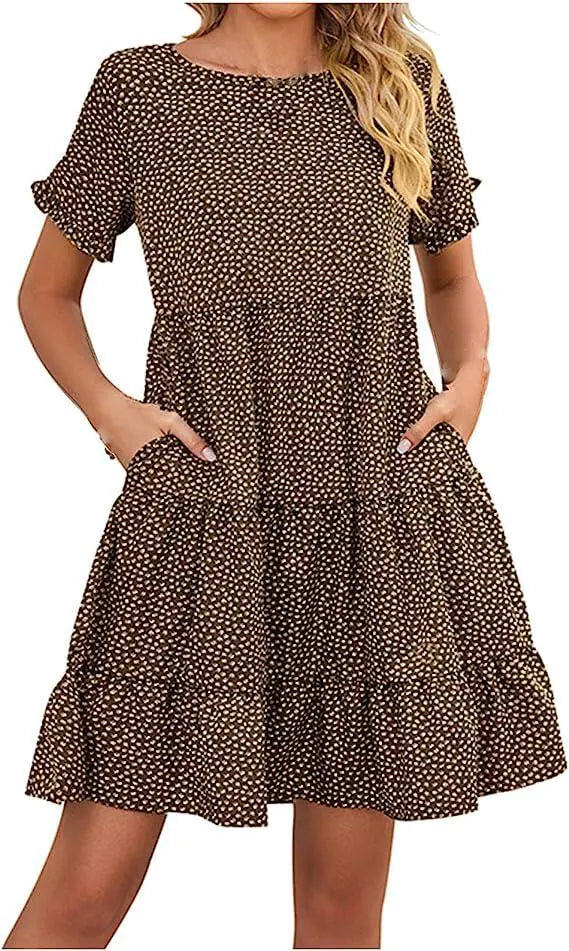 Casual Printed Round Neck Pleated Dress