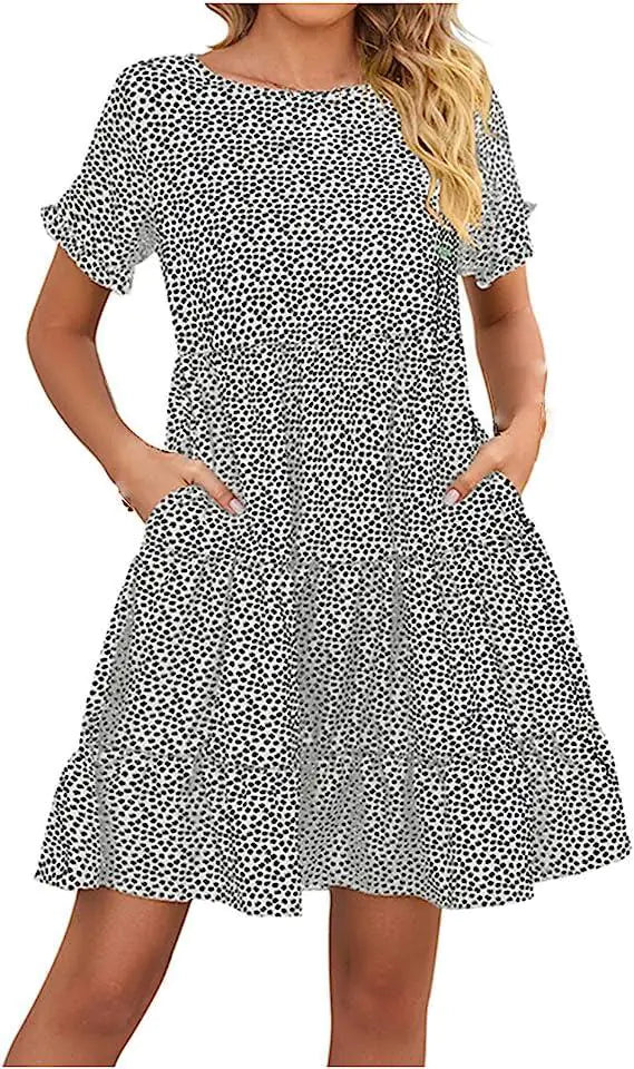 Casual Printed Round Neck Pleated Dress