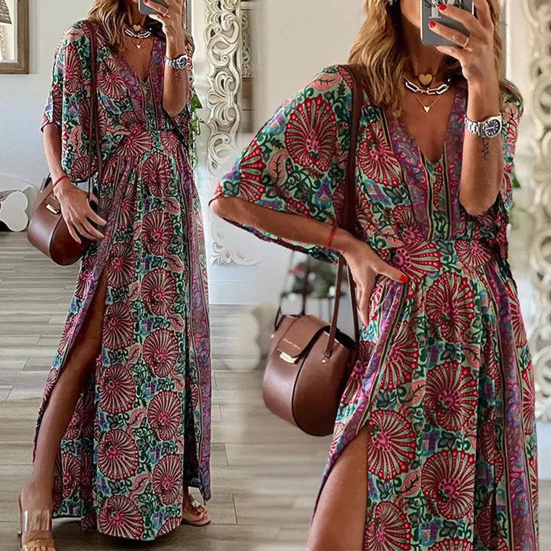 V-neck Short Sleeve Midi Dress