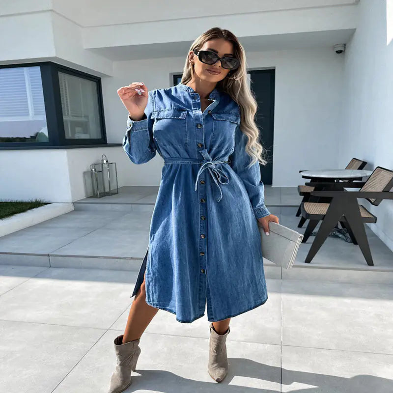 Polo Collar Lace-up Denim Dress