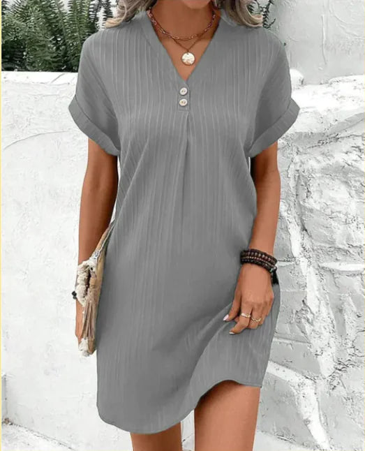 V-Neck Short-Sleeved Button Dress
