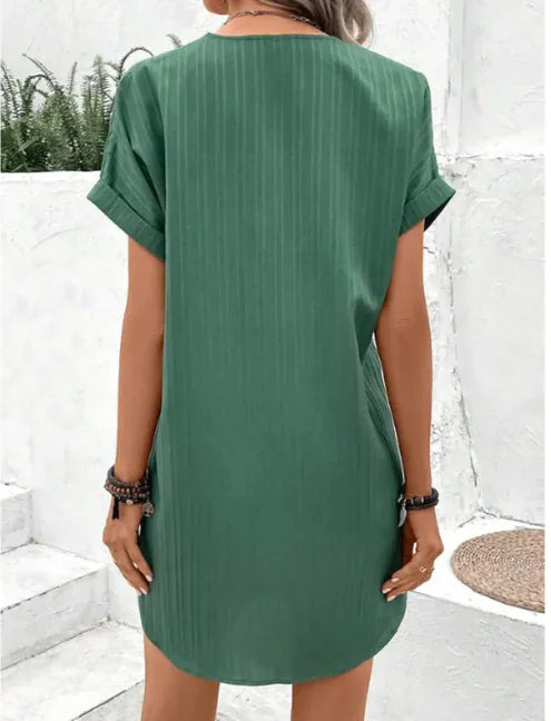 V-Neck Short-Sleeved Button Dress