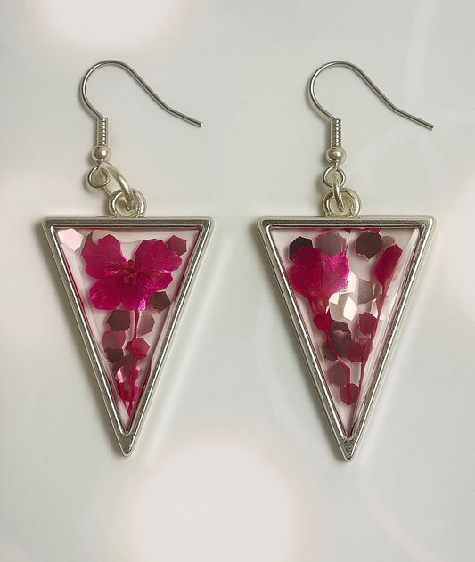 Pink Triangle Real Flower Earrings