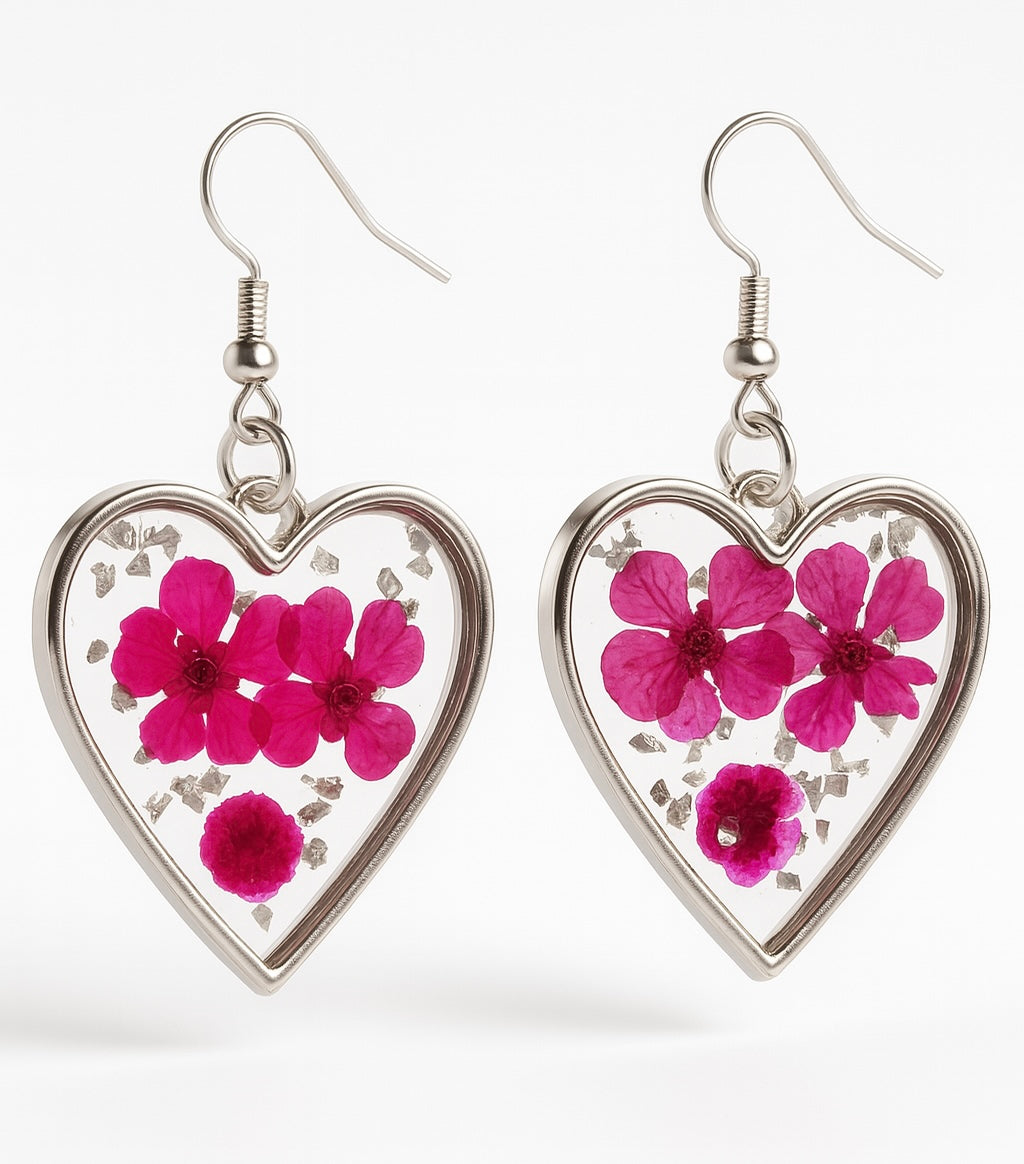 Sparkling Heart Real Flower Earrings