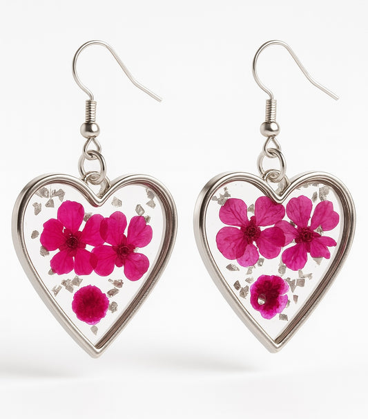 Sparkling Heart Real Flower Earrings