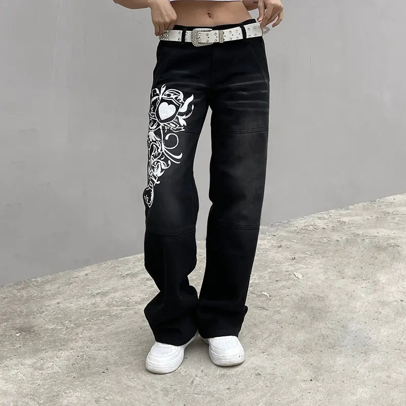 Harajuku Printed Cargo Jeans for Women with High Waist Design