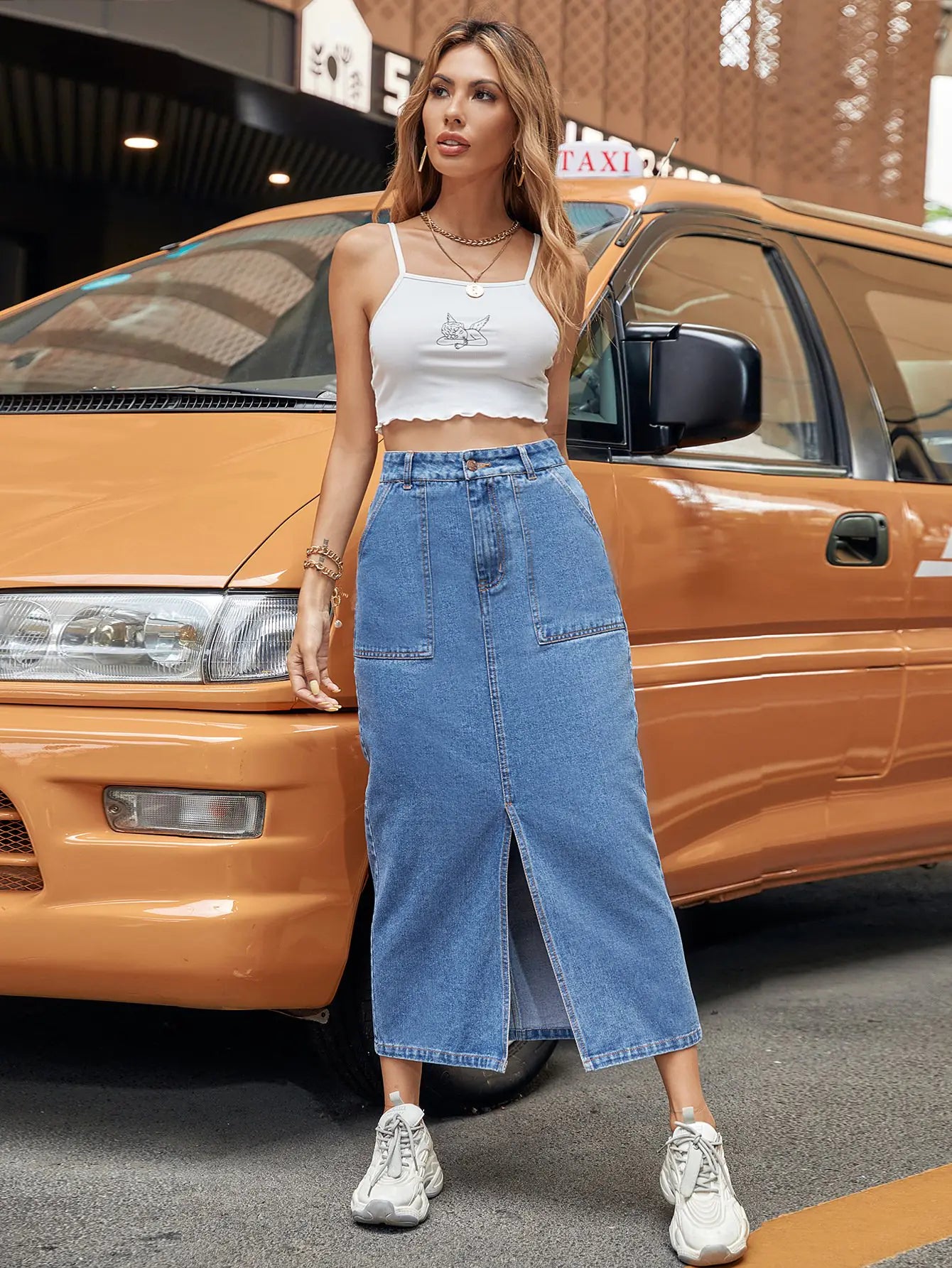 High Waist A-line Slit Long Summer Denim Skirt
