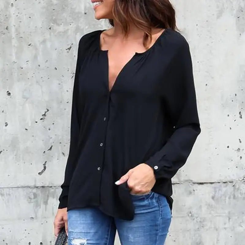 Women's V - Neck Buttoned Chiffon Blouse - Canadian902Shop
