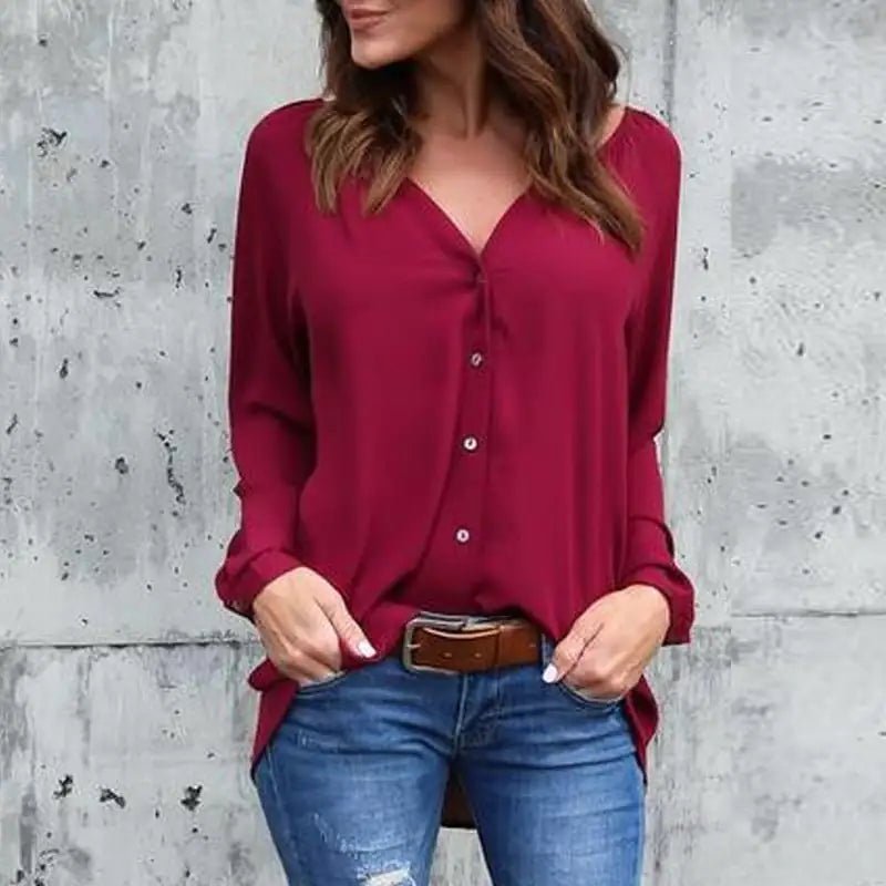 Women's V - Neck Buttoned Chiffon Blouse - Canadian902Shop