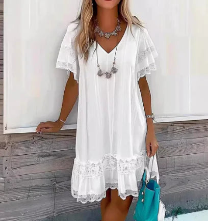Solid Dress with Short Sleeves and Lace Inserts