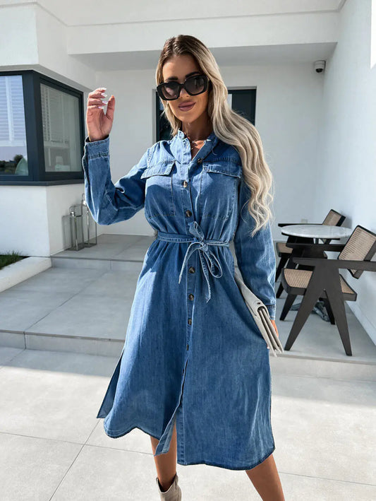Polo Collar Lace-up Denim Dress