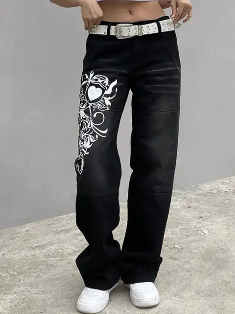 Harajuku Printed Cargo Jeans for Women with High Waist Design