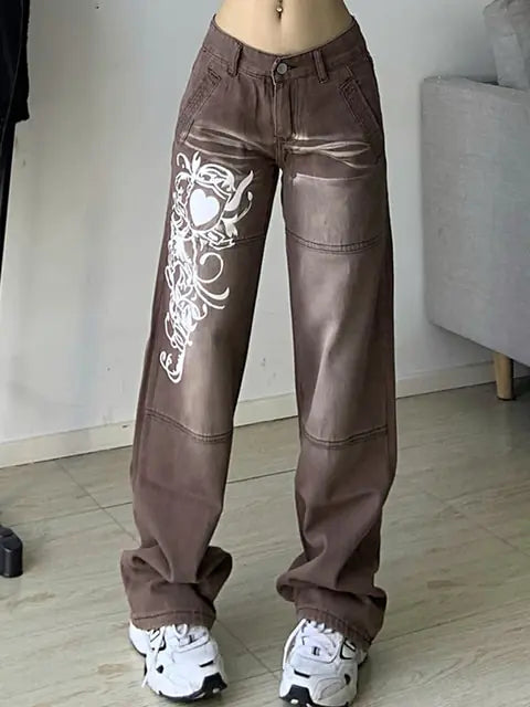 Harajuku Printed Cargo Jeans for Women with High Waist Design