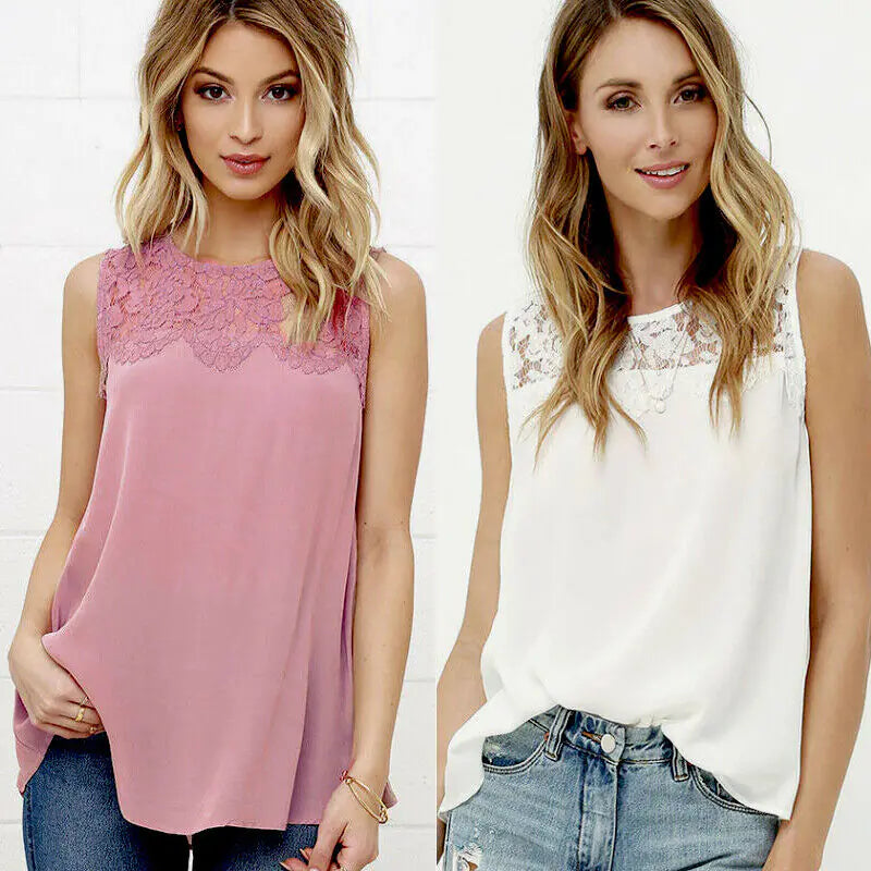 New Women's Chiffon Top with Lace and Sleeveless Design