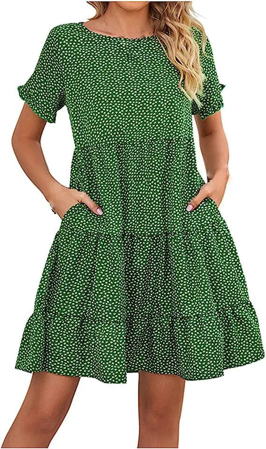 Casual Printed Round Neck Pleated Dress