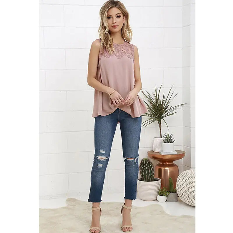 New Women's Chiffon Top with Lace and Sleeveless Design
