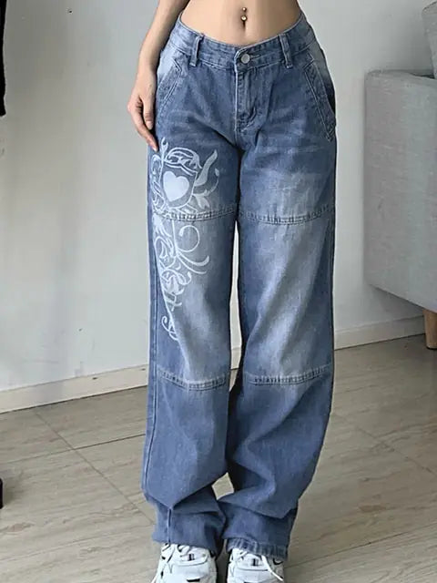 Harajuku Printed Cargo Jeans for Women with High Waist Design
