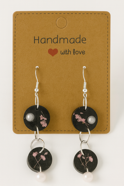 Black Real Flower Dangle Earrings
