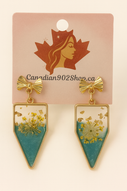 Pretty Teal Real Flower with Bow Earrings
