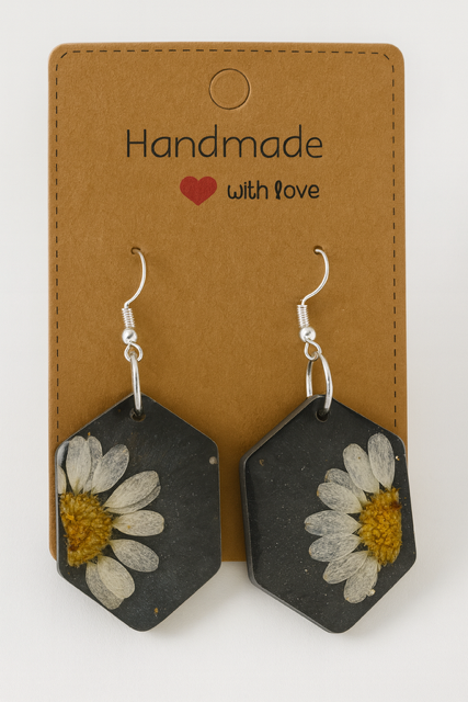 Black Real Daisy Earrings