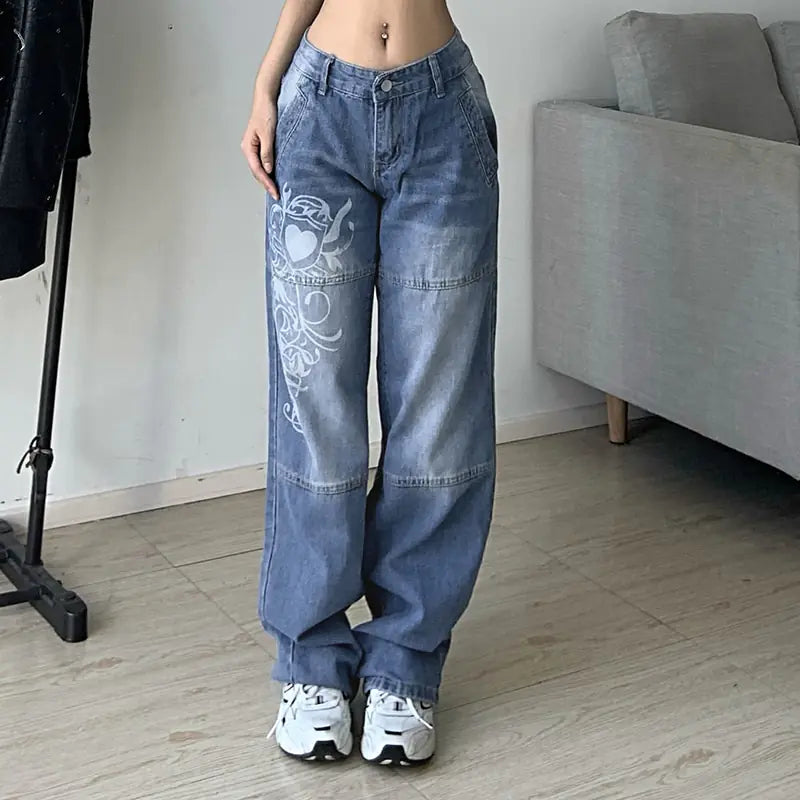 Harajuku Printed Cargo Jeans for Women with High Waist Design